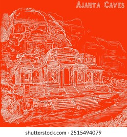 Cavernas Ajanta: Antigas Obras-Primas da Arte e Arquitetura Indiana - Uma Jornada Através do Patrimônio Budista Intemporal. Esculturas deste Patrimônio Mundial da UNESCO. Desenho e ilustração vetorial.