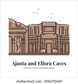 Ajanta and Ellora Caves Indian Famous Iconic Landmark Cartoon Line Art Illustration