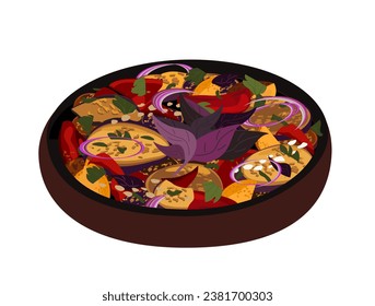 Ajapsandali.Traditional Spicy Georgian Caucasus dish in ketsy.Stewed vegetables eggplant, tomato and bell pepper,basil, grilled, stewed, or fried.Kartuli Tasty Cuisine.Flat Vector Illustration