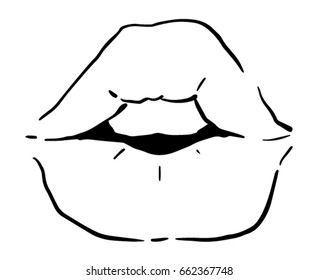Ajar chubby lips. Black and white vector sketch. Simple drawing isolated above white background.