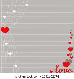 ajar curtain with red hearts and text love for Valentine's day, romantic postcard. love stickers