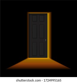 Ajar door in a dark room. Light outside the door. Black door in a dark room with shining light. Vector illustration