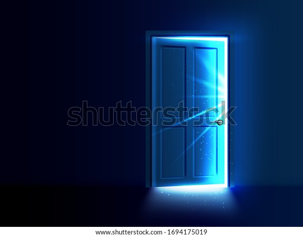 Ajar door with light and rays coming out of\
the gap. Vector\
illustration.