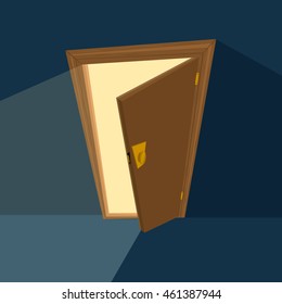 ajar door on dark blue background. Flat illustration. Vector
