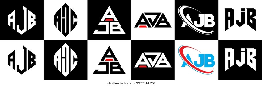 AJB letter logo design in six style. AJB polygon, circle, triangle, hexagon, flat and simple style with black and white color variation letter logo set in one artboard. AJB minimalist and classic logo