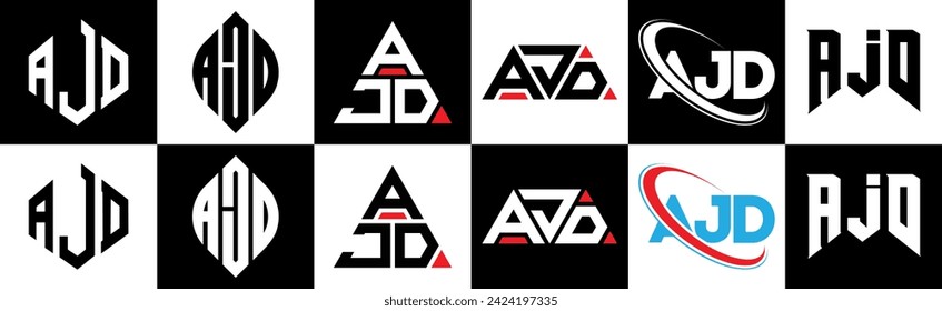 Diseño del logo de la carta AJD en seis estilos. polígono AJD, círculo, triángulo, hexágono, de estilo plano y sencillo con el logotipo de la letra de variación en color blanco y negro en un tablero. Logo minimalista y clásico de AJD