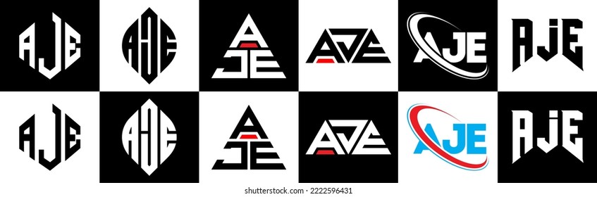 AJE letter logo design in six style. AJE polygon, circle, triangle, hexagon, flat and simple style with black and white color variation letter logo set in one artboard. AJE minimalist and classic logo