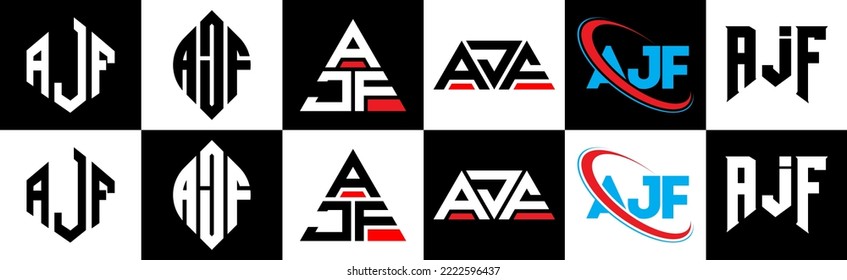 Diseño del logo de la carta de AJF en seis estilos. Polígono AJF, círculo, triángulo, hexágono, de estilo plano y sencillo con el logotipo de la letra de variación en color blanco y negro en un tablero. Logo minimalista y clásico de AJF