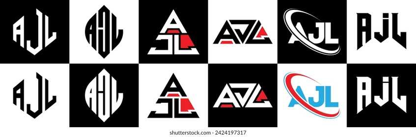 AJL letter logo design in six style. AJL polygon, circle, triangle, hexagon, flat and simple style with black and white color variation letter logo set in one artboard. AJL minimalist and classic logo