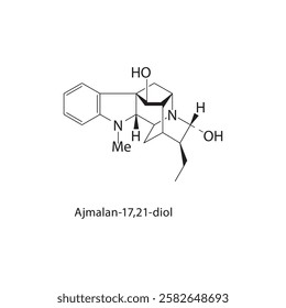 Ajmalan-17,21-diol skeletal structure.Alkaloid compound schematic illustration. Simple diagram, chemical structure.