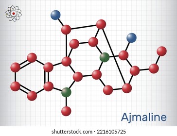 Ajmaline molecule. It is alkaloid, antiarrhythmic used to manage a variety of forms of tachycardias. Structural chemical formula, molecule model. Sheet of paper in a cage. Vector illustration