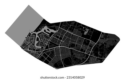 Mapa negro de Ajman, territorio administrativo de la ciudad con frontera. Plan de ciudad detallado de los EAU. Ilustración vectorial con caminos, parques.