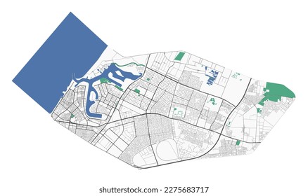 Ajman map, administrative territory of the city. UAE detailed city plan. Vector ilustration with roads, parks.