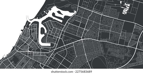 Ajman vector map. Detailed black map of Ajman city administrative area. Cityscape poster metropolitan aria view. Black land with white streets, roads and avenues. White background.