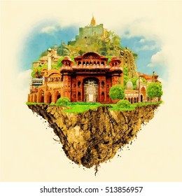 AJMER city on floating land vector water color illustration 