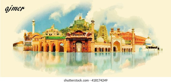 AJMER city water color panoramic vector illustration