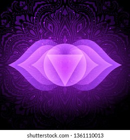 Ajna chakra colorful glowing symbol with mandala background. Spiritual meditation element vector illustration. Third eye chakra.