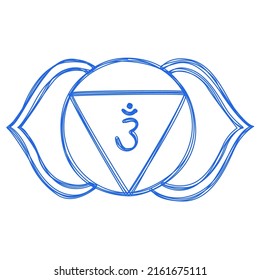 Ajna chakra. Pencil drawing. Hand drawn vector art. Om sign. Blue circle. Sacral icon. Meditation