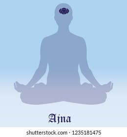Ajna Chakra symbol vector illustration. Silhouette meditating. Practicing yoga. Yoga lotus pose, wellness concept.
