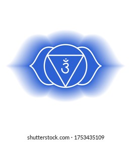 Ajna icon. The sixth frontal chakra. Third eye. Vector indigo blue gloss and shine. Line symbol. Sacral sign. Meditation