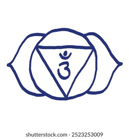 Ajna icon. The sixth frontal chakra. Third eye. Vector symbol. Sacral sign. Meditation. Hand drawn sketch. Blue pen or marker drawing. Primitive kids picture.