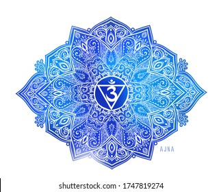 Ajna sixth chakra coloring  vector illustration. Guru or third-eye chakra symbol, Blue Color. For logo yoga healing meditation. Beautiful outline mandala. Ethnic, Indian style.
