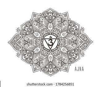 Ajna sixth chakra vector illustration. Guru or third-eye chakra symbol, Black and white Color. For logo yoga healing meditation. Beautiful outline mandala. Ethnic, Indian style.
