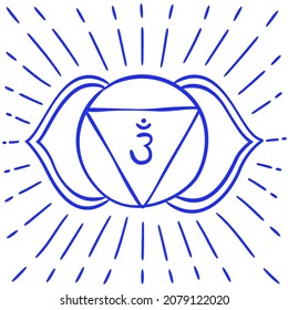Ajna sketch. The sixth frontal chakra. Third eye. Vector indigo blue symbol. Hand drawn sloppy style. Meditation sign