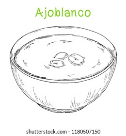 Ajoblanco. Soup with grapes. Vector illustration of a sketch style.