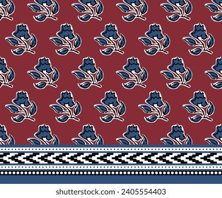 AJRAK BAGRU SANGANER PATTERN ALL OVER PRINT WITH BORDER SEAMLESS PATTERN VECTOR ILLUSTRATION