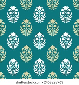 Ajrakh Floral block print screen print indian booti design allover seamless repeat pattern for shirt kurti saree stole scarf dupatta background wallpaper texture vector motif