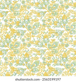 Ajrakh Pattern and block print Pattern and batik print textile pattern traditional yellow and green floral rose buds and leaves indian paisley pattern on white background