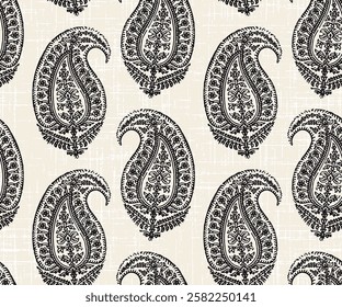 Ajrakh Pattern and block print Pattern and batik print Background can be used for textile, Floral fabric half white background with black paisley ornament. Seamless vector pattern