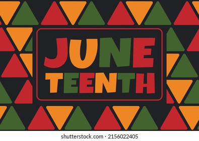 AJuneteenth banner design on seamless pattern with triangles in traditional African colors - black, red, yellow, green. Vector minimalist African background design