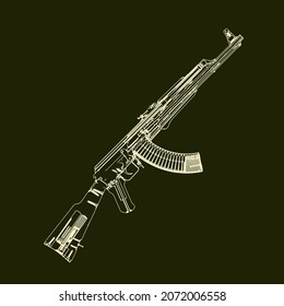 AK 47. Sectional Drawing Of A Kalashnikov Assault Rifle. Outline Style. Vector Illustration.