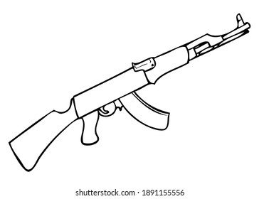Ilustración vectorial de línea de arma AK 47, aislada en fondo blanco, vista superior
