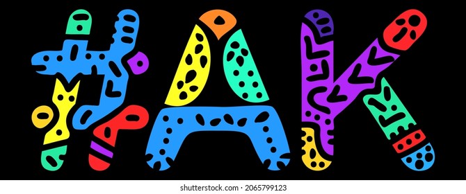 AK Hashtag. Multicolored bright isolate curves doodle letters. Hashtag #AK is abbreviation for the US American state Alaska for social network, web resources, mobile apps.