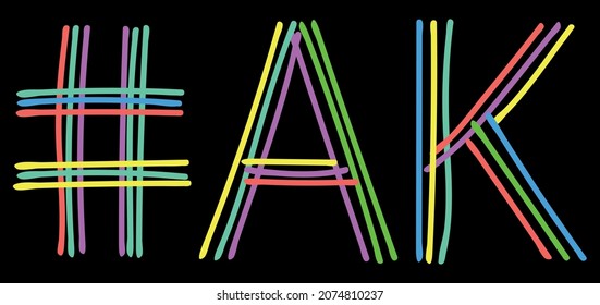 AK Hashtag. Multicolored bright isolate curves doodle letters. Hashtag #US is abbreviation for the US America state Alaska social network, web resources, mobile app.
