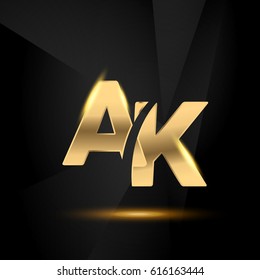 AK initial letters Swoosh shiny elegant logo golden chrome black background - stock vector