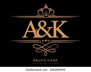 A&K Initial logo, Ampersand initial logo gold with crown and classic pattern