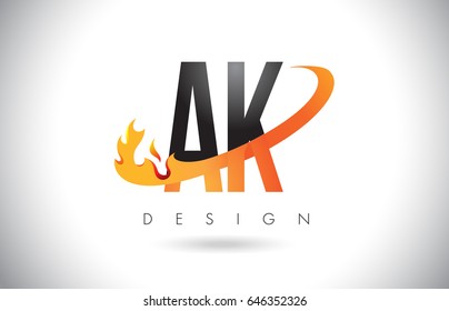 AK A K Letter Logo Design with Fire Flames and Orange Swoosh Vector Illustration.