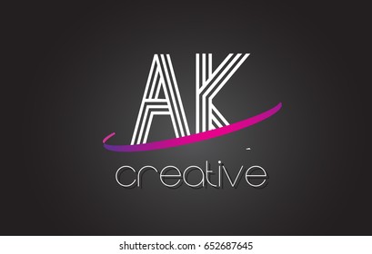 AK A K Letter Logo with Lines Design And Purple Swoosh Vector Letters Illustration.