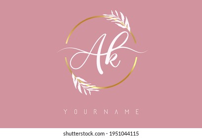 AK a k Letters logo design with golden circle and white leaves on branches around. . Vector Illustration with A and K letters for personal branding, business, eco friendly or natural products. 