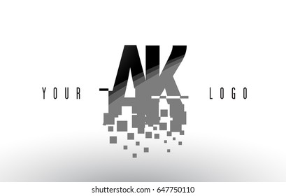 AK A K Pixel Letter Logo with Digital Shattered Black Squares. Creative Letters Vector Illustration.