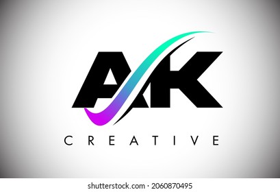 Logotipo de la carta AK con la línea curva creativa Swoosh. Vector de iconos AK con letra negrita e iluminación de colores vibrantes.