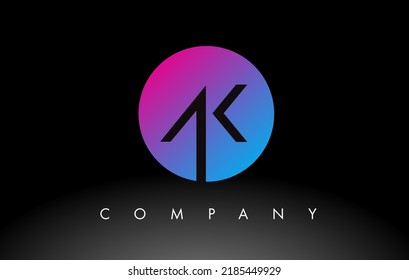 Icono de diseño de logotipo AK con colores azul neón púrpura y diseño circular. AK minimalista dentro de una ilustración de vector circular