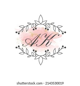 AK letters signature logo, Handwritten logo, AK, AK lettering, Letters AK, A and K logo with flower mandala, Brushstroke, wedding, fashion, floral and botanical