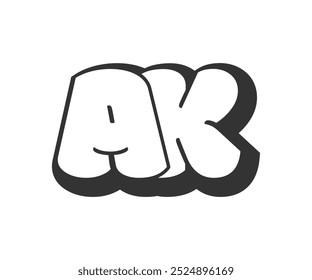 AK-Logo, Blasen-Comic-Schriftzug, abgerundet in Graffiti-Stil schwarz-weiß Silhouette. Trendy vorschulische A und K Brief Text für Festival-Party, persönliche Initialen, Kinder funky Print und Web. Vektorgrafik 