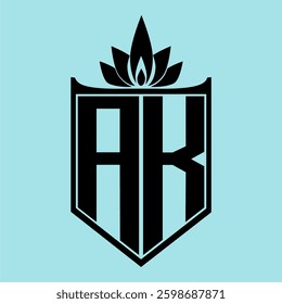 AK Logo featuring a minimalist design with a crown-like flower symbol on top, bold black elements, and a soft blue background, perfect for branding and modern visual identity.