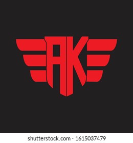 AK Logo monogram with emblem and wings element design template on red colors